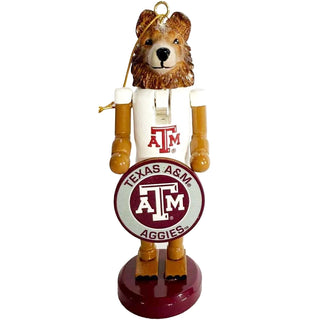 Texas A&M Aggies nutcracker ornament featuring Reveille mascot holding team logo shield