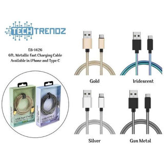 TechTrendz 6ft metallic fast charging cable set in gold, silver, gun metal, and iridescent variants