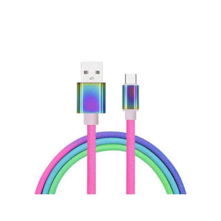 6ft rainbow braided USB-A to USB-C charging cable with iridescent metallic connectors