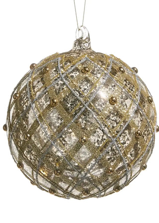 6-inch silver and gold mercury glass ball ornament with diamond lattice glitter pattern and bronze beads