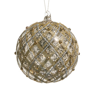 6-inch silver and gold mercury glass ball ornament with diamond lattice glitter pattern and bronze bead accents
