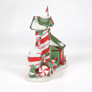 Department 56 North Pole Candy Striper lighthouse building with red and white striped tower