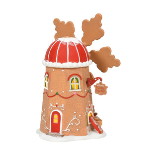 Department 56 Gingerbread Cookie Mill decorative building with red striped roof and smoking chimney