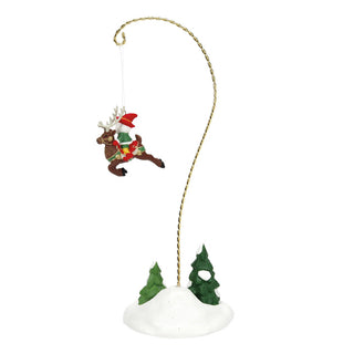 Department 56 Elf Spotlight Aerial ornament with reindeer elf on gold stand with trees