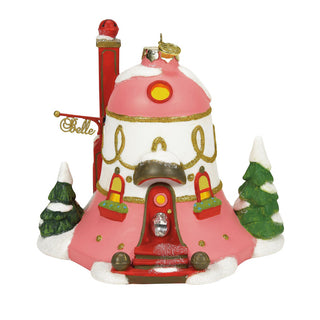 Department 56 Belle's ornament house with pink dome, white base, and snow-covered evergreen trees