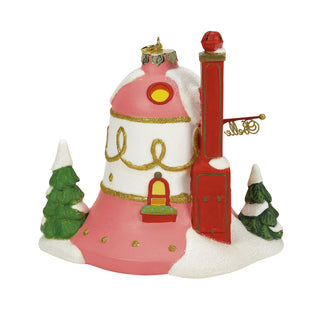 Department 56 Belle's ornament house with pink dome, white base, red chimney and snow-covered evergreen trees