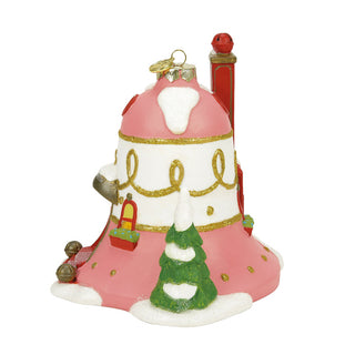Department 56 Belle's ornament house with pink dome, white base, and Christmas tree decoration