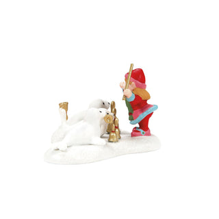 Department 56 Belle & Bell Choir figurine showing elf with bell and white dog on snowy base