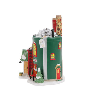 Department 56 Christmas village wrapping paper factory building with snow base and accessories