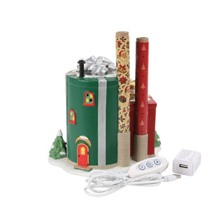 Department 56 Christmas village wrapping paper factory building with LED lighting and control unit