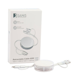Sanis 60W retractable 4-in-1 charging cable with Type-C, USB-A, and Lightning connectors in white