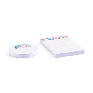 Demdaco rainbow sticky notes set with circular rainbow pad and floral dotted rectangular notepad