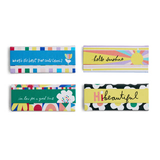 Set of four colorful collapsible sunglass holders with uplifting messages and floral designs