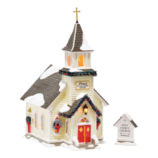 Department 56 Holy Family Church holiday village building with steeple and sign