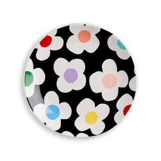 Round black trinket dish with white daisy flowers featuring multicolor centers by Demdaco