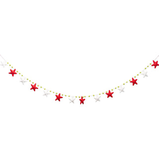 Glory Haus red and white felt star garland with green bead accents on string