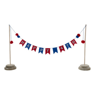 Happy 4th patriotic banner with red white and blue pennant flags on wooden stands