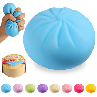 Blue dumpling-shaped squishy fidget toy with hand demonstration and color variants shown