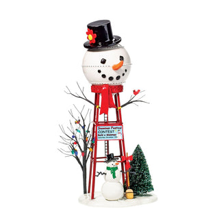 Department 56 Snowman Watertower holiday decoration with red tower structure and snowman head