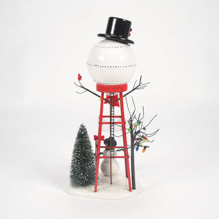 Department 56 Snowman Watertower Christmas village accessory with red tower structure and decorative tree