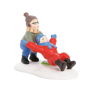 Department 56 Ralphie to the Rescue figurine showing winter sledding scene with two characters