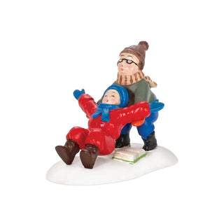 Department 56 Ralphie to the Rescue figurine showing winter scene with two children on snowy base