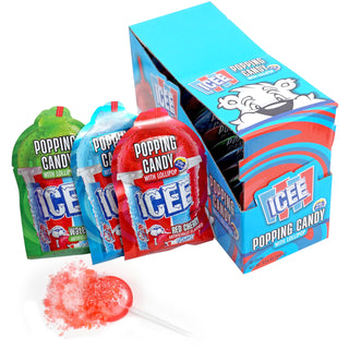 ICEE popping candy lollipops display box showing three flavors with individual packages