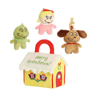 Aurora 9-inch Who House playset with Grinch, Cindy Lou Who, and Max plush figures