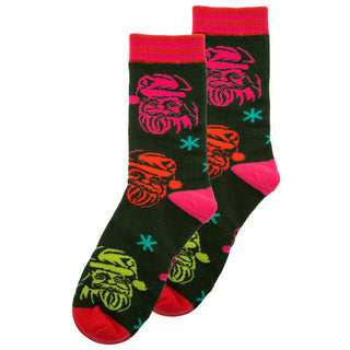 Karma Retro Santa socks in dark green with multicolor Santa faces and snowflakes