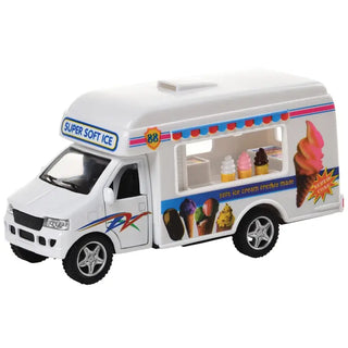 White die-cast toy ice cream truck with colorful graphics and serve window