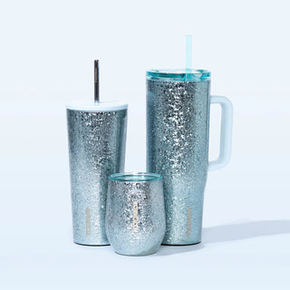 Corkcicle silver glitter 24oz Cold Cup with white lid and metal straw