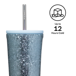Corkcicle 24oz Ice Breaker Cold Cup in blue glitter crackle finish with straw