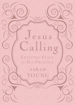 Jesus Calling devotional book in pink leathersoft cover with ornate scroll design by Sarah Young