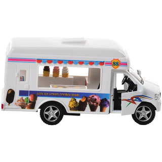 White die-cast toy ice cream truck with open door and colorful ice cream graphics
