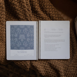 Spiral-bound Bible study open to the Book of Numbers with blue floral illustration