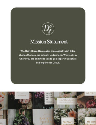 Daily Grace Co. mission statement card with olive green background and logo