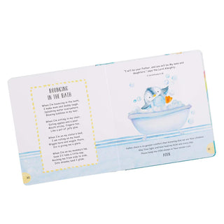 Book page with a cartoon penguin in a bathtub and text