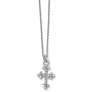 Two-tone silver Abbey Cross necklace with clear faceted crystal floral clusters and oval bail