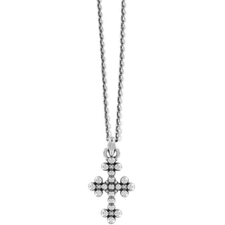 Front view of two-tone silver Abbey Cross pendant with oxidized metal accents and crystal floral motifs