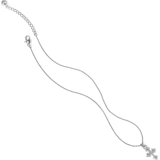Adjustable silver Abbey Cross necklace with lobster claw clasp and extension chain visible