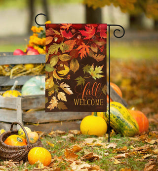 Demdaco Abundant Leaves Garden Flag displaying colorful autumn foliage with 'Fall Welcome' text