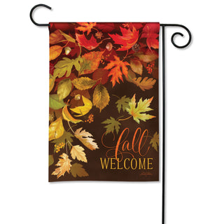 Abundant Leaves Garden Flag with fall foliage design and Welcome text on dark background