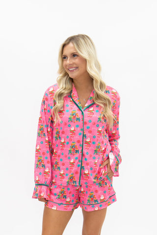 Pink Christmas Santa print long sleeve button-up pajama set with matching shorts
