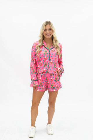 Pink Christmas print long sleeve button-up top and matching shorts pajama set