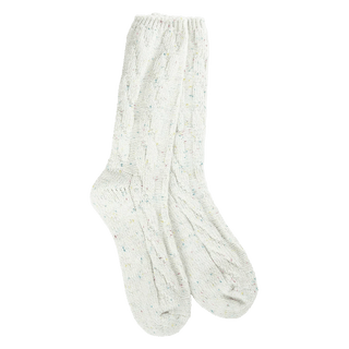 Adult cream speckled cable knit crew socks with ribbed cuff and reinforced heel