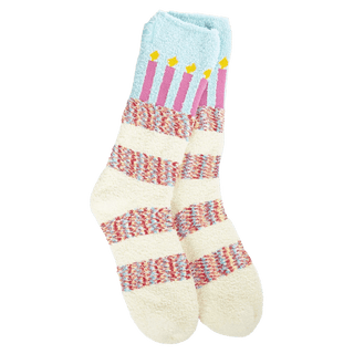 Blue birthday candle cuff crew socks with striped body