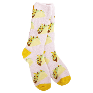 Pink taco print crew socks with mustard yellow caps