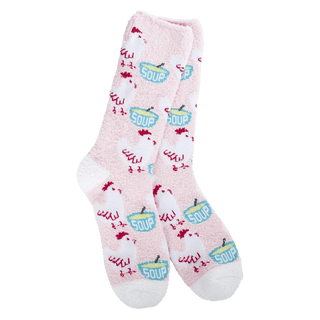 Pink soup bowl graphic crew socks with cloud details