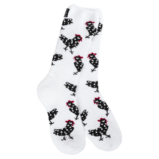 White chicken silhouette crew socks with red combs