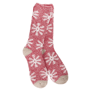 Red snowflake pattern plush crew socks for winter